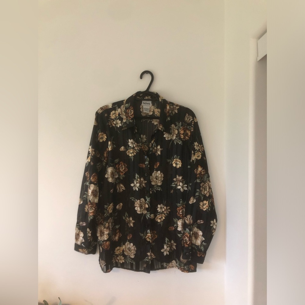 Vintage BonWorth Black Floral Button-Up Blouse | Size M